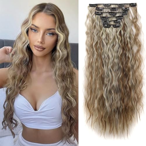 aikaa Clip in Extensions, 6PCS 60 cm Haarverlängerungen mit Clips Synthetik Gewellte Haarextension Wavy Haar, Haarteil für Frauen (#6H613-Ash Brown with Platium Highlights) von AIKAA