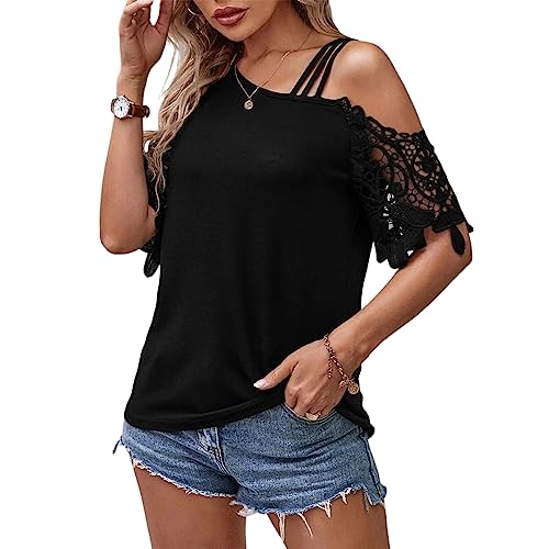 AIKARA Damen-T-Shirt Einfarbig Slash-Ausschnitt KurzäRmelig Spitze Sexy Kalte Schulter Spitze SpaghettiträGer,Schwarz,XL von AIKARA