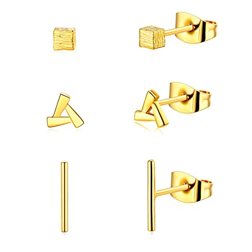 14k Gold Tiny Stud Earrings for Women Men, 3 Pairs Small Gold Geometric Stud Earrings Set Hypoallergenic Trendy -Triangle Square Bar von AILIFE