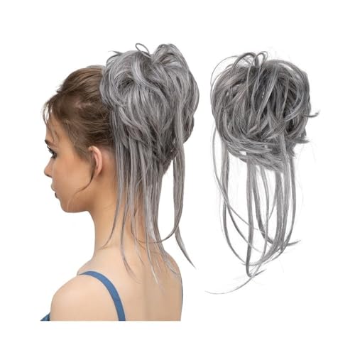 Haarknoten, Synthetische elastische unordentliche Dutt-Haarteile lockiges Haargummi schwarz blond braun Chignon Band Hochsteckfrisur Donut for Frauen gefälschtes Haar Dutt-Maker für Haare(Ash gray) von AILIUXIAOYAN