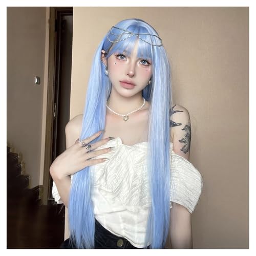 Perücken für Frauen Bunte Perücke Air Bangs langes glattes Haar Himmelblau Weiß Lila Mode voller Kopfbedeckung Perücken(Sky Blue) von AILIUXIAOYAN