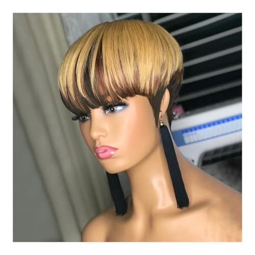 Perücken für Frauen Kurze Echthaar-Perücken im Pixie-Schnitt mit Pony, schwarz und blond, glatt, 150% Dichte Perücken Perücken für Frauen Kurze Echthaar-Perücken im Pixie-Schnitt mit Pony, schwarz und blond, glatt, 150% Dichte Perücken von AILIUXIAOYAN