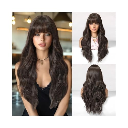 Perücken für Frauen Sommer dünne Perücke volles Haar Retro schwarz braun ordentlich Pony hohe kraniale lange lockige Perücken Perücken von AILIUXIAOYAN