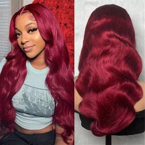 Perücken für Frauen Vordere Spitze Echt Perücke Kopfbedeckung 99j13x4 Körperwelle Echthaar Perücken Burgund Perücken(28inch) von AILIUXIAOYAN