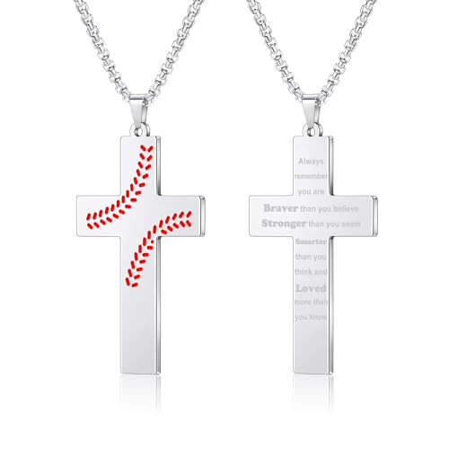 AILUOR Basebal Kreuzkette für Männer Bibelvers, Erstkommunion Baseball Anhänger Kette Personalisierte christliche religiöse Schriften Taufgeschenke Vatertag Abschlussfeier (Always Remember, Silber) von AILUOR