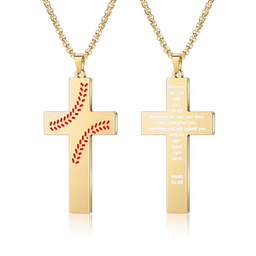 AILUOR Basebal Kreuzkette für Männer Bibelvers, Erstkommunion Baseball Anhänger Kette Personalisierte christliche religiöse Schriften Taufgeschenke Vatertag Abschlussfeier (Isaiah 41:10, Gold) von AILUOR