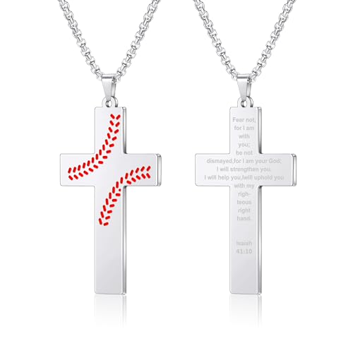 AILUOR Basebal Kreuzkette für Männer Bibelvers, Erstkommunion Baseball Anhänger Kette Personalisierte christliche religiöse Schriften Taufgeschenke Vatertag Abschlussfeier (Isaiah 41:10, Silber) von AILUOR