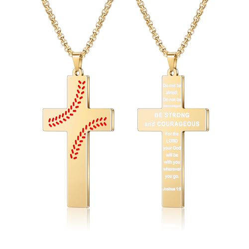 AILUOR Basebal Kreuzkette für Männer Bibelvers, Erstkommunion Baseball Anhänger Kette Personalisierte christliche religiöse Schriften Taufgeschenke Vatertag Abschlussfeier (Joshua 1:9, Gold) von AILUOR