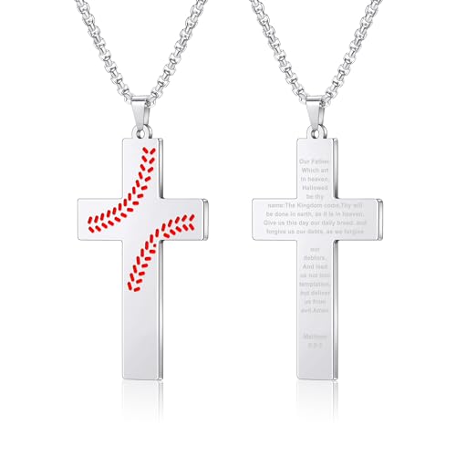 AILUOR Basebal Kreuzkette für Männer Bibelvers, Erstkommunion Baseball Anhänger Kette Personalisierte christliche religiöse Schriften Taufgeschenke Vatertag Abschlussfeier (Lord's Prayer, Silber) von AILUOR