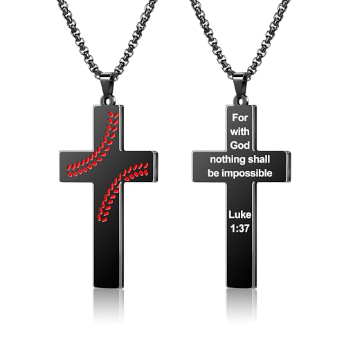 AILUOR Basebal Kreuzkette für Männer Bibelvers, Erstkommunion Baseball Anhänger Kette Personalisierte christliche religiöse Schriften Taufgeschenke Vatertag Abschlussfeier (Luke 1:37, Schwarz) von AILUOR