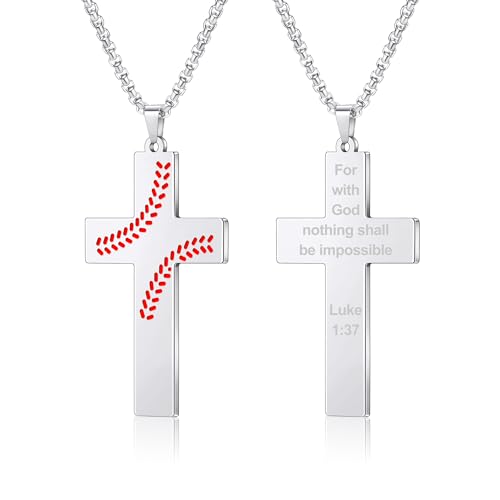 AILUOR Basebal Kreuzkette für Männer Bibelvers, Erstkommunion Baseball Anhänger Kette Personalisierte christliche religiöse Schriften Taufgeschenke Vatertag Abschlussfeier (Luke 1:37, Silber) von AILUOR