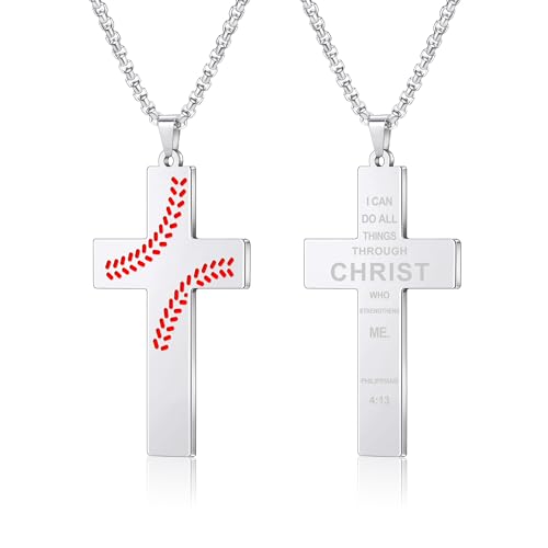 AILUOR Basebal Kreuzkette für Männer Bibelvers, Erstkommunion Baseball Anhänger Kette Personalisierte christliche religiöse Schriften Taufgeschenke Vatertag Abschlussfeier (Philippians 4:13, Silber) von AILUOR