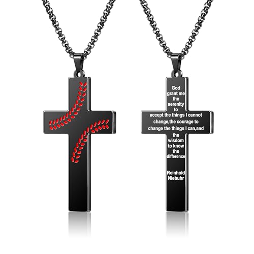 AILUOR Basebal Kreuzkette für Männer Bibelvers, Erstkommunion Baseball Anhänger Kette Personalisierte christliche religiöse Schriften Taufgeschenke Vatertag Abschlussfeier (Serenity Prayer, Schwarz) von AILUOR