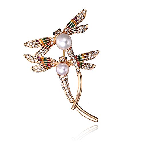 AILUOR Elegante Libelle Brosche Pins, Gold Tone österreichischen Kristall bunte Emaille Double Libelle Broschen für Frauen simuliert Perle Strass Brosche Schmuck (Gold) von AILUOR