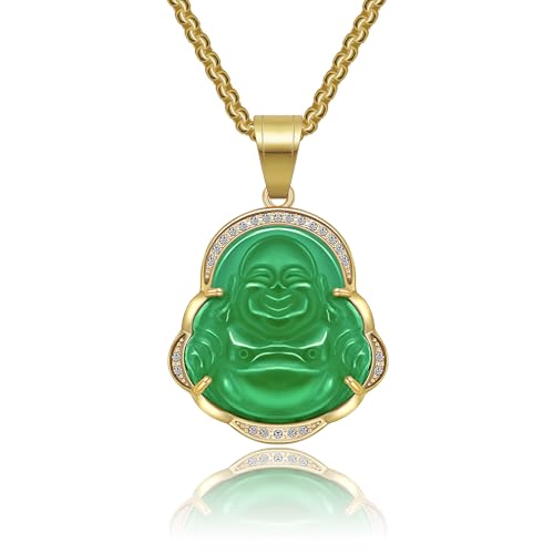 AILUOR Glücklicher lachender Buddha Halsketten, Glückskette Buddha Anhänger Grüne Jade Buddha Halskette Iced Out Bling Zirkon 18K vergoldet Kette Zierliche Amulett Halskette Schmuck Geschenk (Grün) von AILUOR