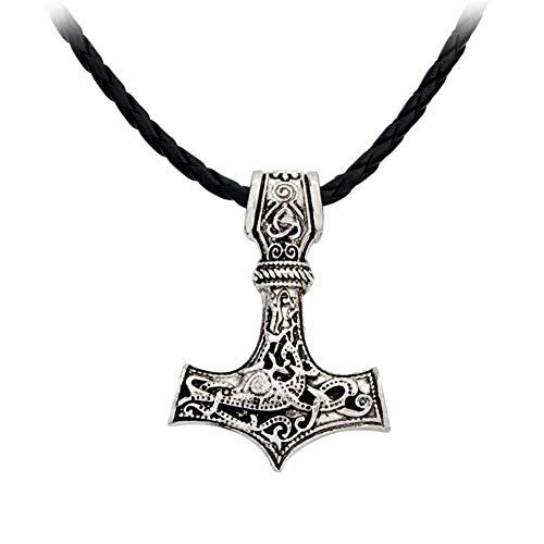 AILUOR Herren Wikinger Leder Norse Thors Hammer Mjölnir Celtic Knot Anhänger Halskette Schmuck Skandinavisch (Silber) von AILUOR