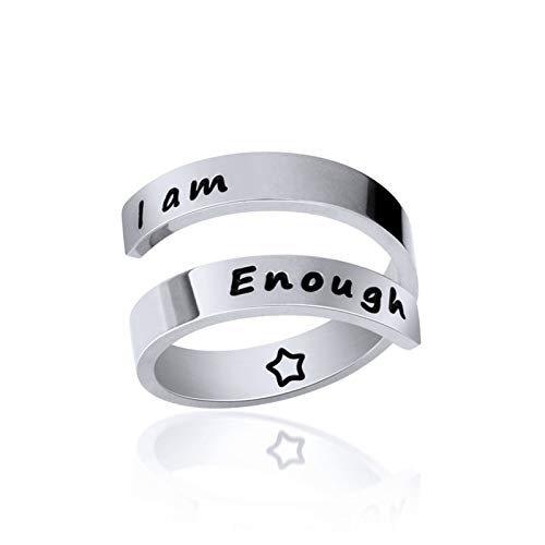 AILUOR Inspirational Ring, Edelstahl Gravur Ring Einstellbare Inspirierender Schmuck Einstellbare Persönlichkeit Ermutigung 'Keep Going' für Männer, Frauen, Jungen, Mädchen (I am Enough-Silver) von AILUOR