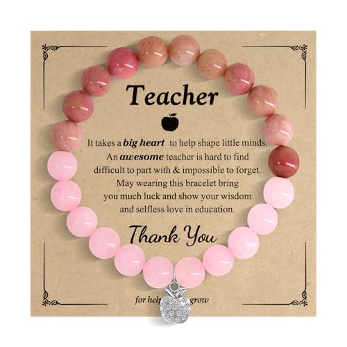 AILUOR Lehrer Wertschätzung Geschenke, Lehrer Armband Geschenke Naturstein Armband, Ende des Jahres für Frauen mit Nachricht Karte (A-Zirkon Apfel-Zartrosa) von AILUOR