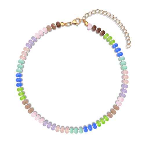 AILUOR Perlen Edelstein Halskette für Frauen, Boho Regenbogen bunte Perlenkette Kropfband Natur stein Halskette Grün Perlenkette Sommer Handmade Beach Schmuck (Regenbogen-A) von AILUOR