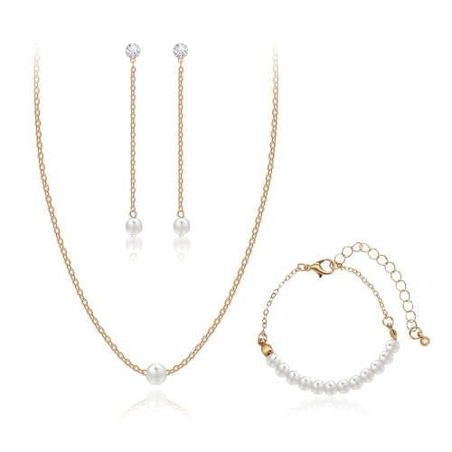 AILUOR Perlen schmuck Set für Frauen, 14K Gold plattiert Perlenkette und Ohrring Set zierliche Perle Tropfen Halskette baumeln Ohrringe Armband Hochzeit Schmuck für Braut (8mm Einzelperlen Set) von AILUOR
