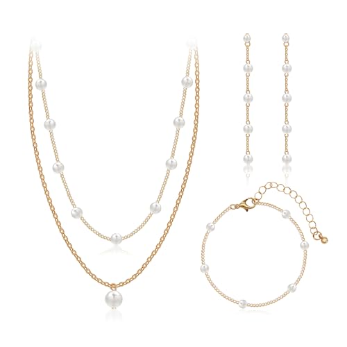 AILUOR Perlen schmuck Set für Frauen, 14K Gold plattiert Perlenkette und Ohrring Set zierliche Perle Tropfen Halskette baumeln Ohrringe Armband Hochzeit Schmuck für Braut (Geschichtetes Perlenset) von AILUOR