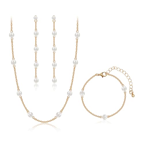 AILUOR Perlen schmuck Set für Frauen, 14K Gold plattiert Perlenkette und Ohrring Set zierliche Perle Tropfen Halskette baumeln Ohrringe Armband Hochzeit Schmuck für Braut (Perlen Kropfband Set-Gold) von AILUOR