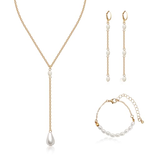 AILUOR Perlen schmuck Set für Frauen, 14K Gold plattiert Perlenkette und Ohrring Set zierliche Perle Tropfen Halskette baumeln Ohrringe Armband Hochzeit Schmuck für Braut (Y Kropfband Set) von AILUOR