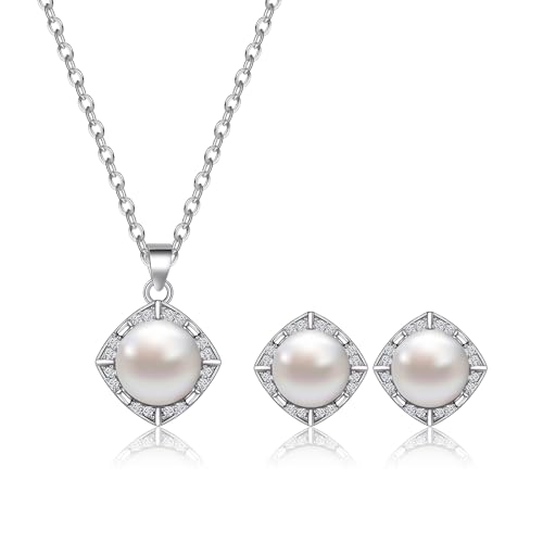 AILUOR Perlen schmuck Set für Frauen, Faux Süßwasser einzelne Perle Halskette und Ohrring Set mit 18Zoll Silber Kette zierlich Hochzeit Schmuck für Bräute Mama Muttertag Geburtstag Geschenke (Stil 4) von AILUOR