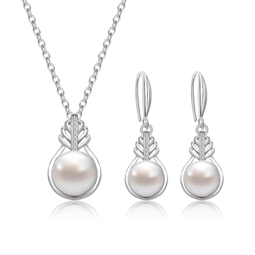 AILUOR Perlen schmuck Set für Frauen, Faux Süßwasser einzelne Perle Halskette und Ohrring Set mit 18Zoll Silber Kette zierlich Hochzeit Schmuck für Bräute Mama Muttertag Geburtstag Geschenke (Stil 1) von AILUOR