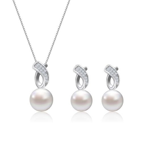 AILUOR Perlen schmuck Set für Frauen, Faux Süßwasser einzelne Perle Halskette und Ohrring Set mit 18Zoll Silber Kette zierlich Hochzeit Schmuck für Bräute Mama Muttertag Geburtstag Geschenke (Stil 2) von AILUOR