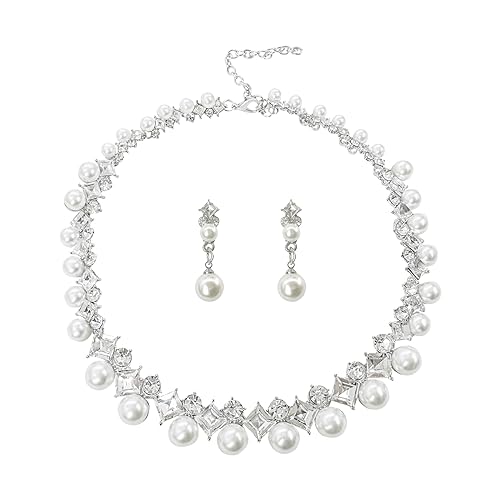 AILUOR Perlenschmuck Set für Frauen, 14K Gold/Silber plattiert Perlenkette und Ohrring Set Perlen Tropfen Ohrringe Perlen Armbänder Perlen Halskette Choker Hochzeit Brautschmuck (2 Stück Silber) von AILUOR