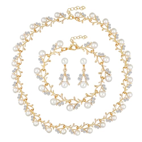 AILUOR Perlenschmuck Set für Frauen, 14K Gold/Silber plattiert Perlenkette und Ohrring Set Perlen Tropfen Ohrringe Perlen Armbänder Perlen Halskette Choker Hochzeit Brautschmuck (3 Stück Gold) von AILUOR