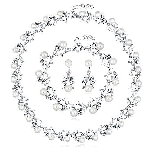 AILUOR Perlenschmuck Set für Frauen, 14K Gold/Silber plattiert Perlenkette und Ohrring Set Perlen Tropfen Ohrringe Perlen Armbänder Perlen Halskette Choker Hochzeit Brautschmuck (3 Stück Silber) von AILUOR