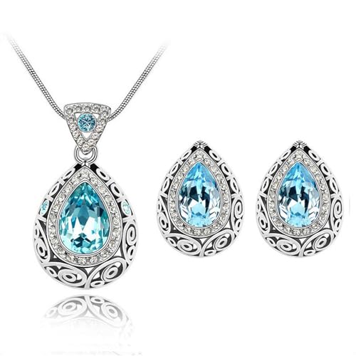 AILUOR Wassertropfen Kristall Schmuck Set, Vintage keltischen Knoten Wassertropfen grün Edelstein Anhänger Halskette Ohrstecker Schmuck Set für Frauen Mutter Braut Hochzeit (Azurblau) von AILUOR