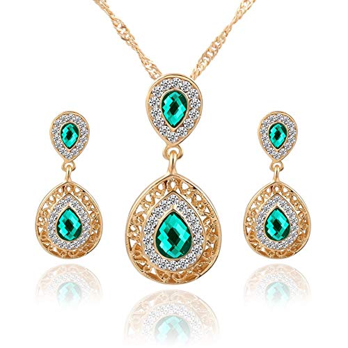 AILUOR Wassertropfen Kristall Schmuck Set, Vintage keltischen Knoten Wassertropfen grün Edelstein Anhänger Halskette Ohrstecker Schmuck Set für Frauen Mutter Braut Hochzeit (Gold) von AILUOR
