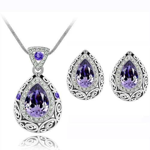 AILUOR Wassertropfen Kristall Schmuck Set, Vintage keltischen Knoten Wassertropfen grün Edelstein Anhänger Halskette Ohrstecker Schmuck Set für Frauen Mutter Braut Hochzeit (Lila) von AILUOR