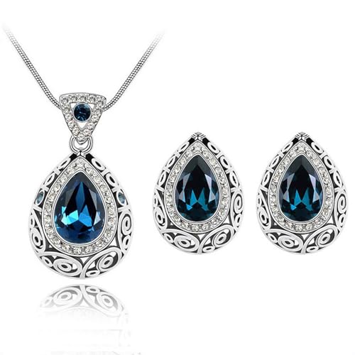 AILUOR Wassertropfen Kristall Schmuck Set, Vintage keltischen Knoten Wassertropfen grün Edelstein Anhänger Halskette Ohrstecker Schmuck Set für Frauen Mutter Braut Hochzeit (Marineblau) von AILUOR
