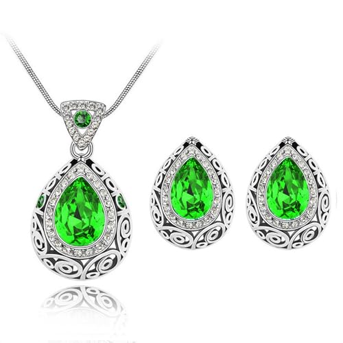 AILUOR Wassertropfen Kristall Schmuck Set, Vintage keltischen Knoten Wassertropfen grün Edelstein Anhänger Halskette Ohrstecker Schmuck Set für Frauen Mutter Braut Hochzeit (Smaragdgrün) von AILUOR