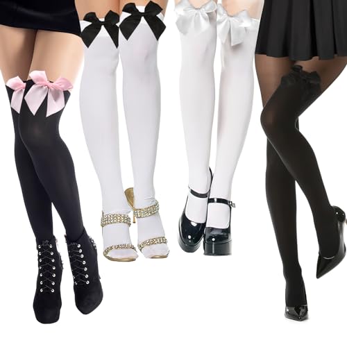 4 Paar Schleife Strümpfe Damen, hohe Kniestrümpfe, Oberschenkel Kniestrümpfe, Spitze Überknie Kniestrümpfen, Overknees Strümpfe mit Schleife für Mädchen Cosplay Party Weihnachten - Schwarz, Weiss von AILUYA