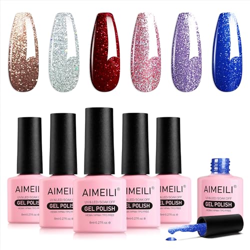 AIMEILI HEMA Free UV Lack Glitzer Nagellack Set 8ml 6 Farben UV Nagellack Set Farbgel Gellack Soak Off Gel Nail Polish Set Maniküre Gift Kit 29 von AIMEILI