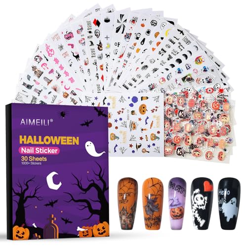 AIMEILI Nagelsticker Halloween, 30 Blatt Halloween Sticker Ghost Skull Pumpkin Bat Spinnennetz Nagelsticker Selbstklebend Nail Art Stickers Dekoration Nageldesign Zubehör von AIMEILI
