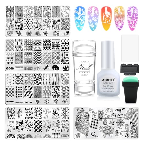 AIMEILI Nail Art Plates Nagelstempel Maniküre Tool Kit 5Pcs Nagel Stamping Schablonen, 2 Stempel, 2 Schaber, 1 Latex Peel Off Tape von AIMEILI