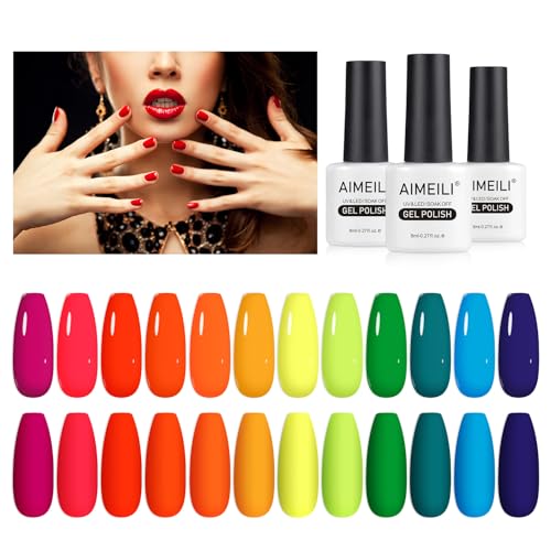 AIMEILI Neon Gel Nagellack Set 12 Farben 8ml Frühling Sommer LED UV Nagellack Neon Pink Rot Gelb Orange Grün Soak Off Gel Nail Polish Gift Kit 23 von AIMEILI