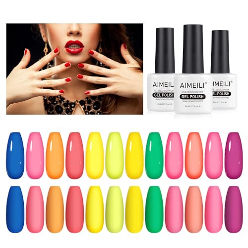 AIMEILI Neon Gel Nagellack Set 12 Farben 8ml Frühling Sommer LED UV Nagellack Neon Pink Rot Gelb Orange Grün Soak Off Gel Nail Polish Gift Kit 24 von AIMEILI