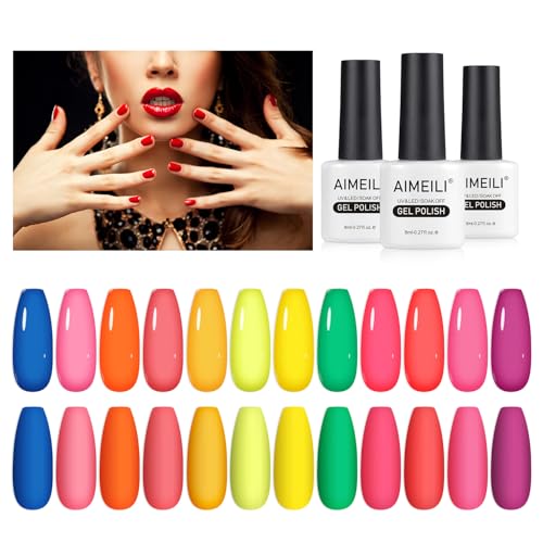 AIMEILI Neon Gel Nagellack Set 12 Farben 8ml Frühling Sommer LED UV Nagellack Neon Pink Rot Gelb Orange Grün Soak Off Gel Nail Polish Gift Kit 24 von AIMEILI