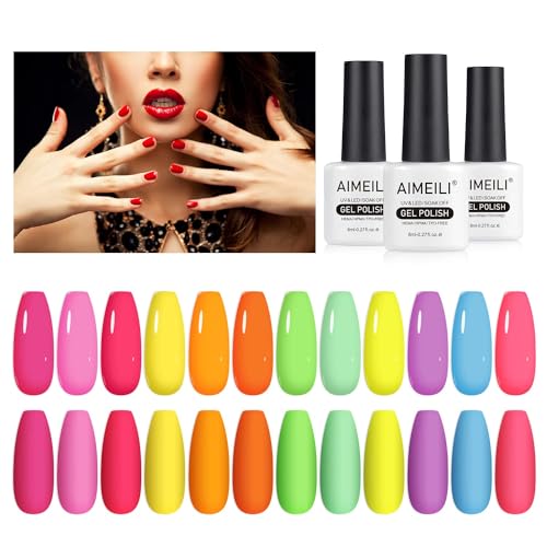 AIMEILI Neon Gel Nagellack Set 12 Farben 8ml Frühling Sommer LED UV Nagellack Neon Pink Rot Gelb Orange Grün Soak Off Gel Nail Polish Gift Kit 25 von AIMEILI