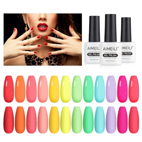 AIMEILI Neon Gel Nagellack Set 12 Farben 8ml Frühling Sommer LED UV Nagellack Neon Pink Rot Gelb Orange Grün Soak Off Gel Nail Polish Gift Kit 26 von AIMEILI