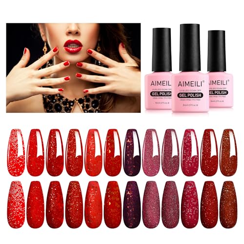 AIMEILI UV Gel Nagellack Rot Glitzer - 8ml 12 Farben Glitzer Gel Nagellack Soak Off LED UV Gel Nagellack Luminous Sparkle Gel Nail Polish Set 28 von AIMEILI