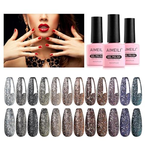 AIMEILI UV Gel Nagellack Set Glitzer - 8ml 12 Farben Glitzer Gel Nagellack Soak Off LED UV Gel Nagellack Luminous Sparkle Gel Nail Polish Set 27 von AIMEILI