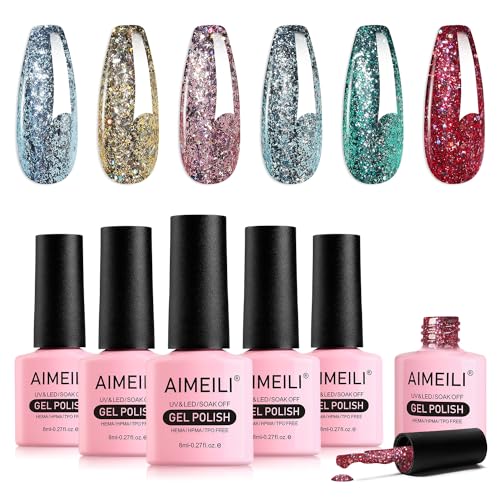 AIMEILI HEMA Free UV Lack Glitzer Nagellack Set 8ml 6 Farben Glitter UV Nagellack Set Luminous Sparkle Farbgel Gellack Soak Off Gel Nail Polish Gift Kit 56 von AIMEILI